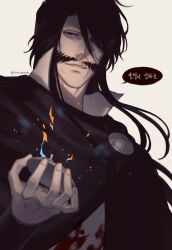 Rule 34 | 1boy, 50x48x48, black cloak, black hair, bleach, bleach: sennen kessen-hen, cloak, commentary, facial hair, fire, floating hair, hair between eyes, hair over one eye, highres, holding, korean text, long hair, looking down, medallion, mustache, nose, old, old man, parted lips, red eyes, simple background, smile, solo, speech bubble, sunken cheeks, translation request, twitter username, underlighting, upper body, white background, yhwach