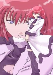 Rule 34 | 1girl, boots, breasts, cleavage, cleavage cutout, clothing cutout, expressionless, fur trim, gundam, gundam zz, haman karn, jacket, long sleeves, open clothes, open jacket, parted lips, pink hair, purple eyes, red hair, short hair, solo, thighhighs, uniform, zeta gundam, zettai ryouiki, zoom layer