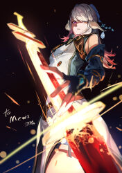 Rule 34 | 1girl, absurdres, au ra, warrior of light (ff14), blurry, blurry foreground, commission, dragon horns, final fantasy, final fantasy xiv, fingerless gloves, gloves, gradient background, heterochromia, highres, horns, ibaraki shun, long hair, looking at viewer, multicolored hair, pink eyes, skeb commission, sword, two-tone hair, weapon, white hair, yellow eyes