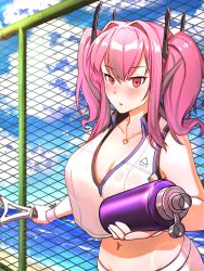 Rule 34 | 1girl, :o, azur lane, bare shoulders, beach, blue sky, blush, bottle, breasts, bremerton (azur lane), bremerton (scorching-hot training) (azur lane), chain-link fence, cleavage, cloud, collarbone, collared shirt, commentary, crop top, crop top overhang, day, fence, grey hair, groin, hair between eyes, hair intakes, hair ornament, heart, heart necklace, highres, holding, holding bottle, holding racket, jewelry, large breasts, lens flare, long hair, looking at viewer, midriff, multicolored hair, navel, navel piercing, necklace, no mole, ocean, outdoors, piercing, pink eyes, pink hair, racket, sand, shirt, sidelocks, skirt, sky, sleeveless, sleeveless shirt, solo, sportswear, standing, streaked hair, tennis racket, tennis uniform, twintails, two-tone hair, two-tone shirt, two-tone skirt, upper body, water bottle, wet, wet clothes, wet shirt, white shirt, white skirt, yuking