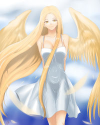 Rule 34 | 1girl, akatsuki (mp31097), angel notes, angel wings, arms behind back, blonde hair, blue sky, cloud, covered navel, dress, feathers, highres, long hair, sky, solo, spaghetti strap, thigh gap, thighs, v/v, very long hair, white dress, wings, yellow eyes, yellow wings