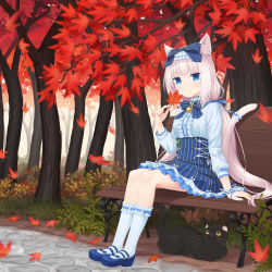 Rule 34 | 1girl, animal ear fluff, animal ears, autumn leaves, bell, black cat, blue bow, blue eyes, bow, cat, cat ears, cat tail, commission, hair bow, highres, jingle bell, long hair, looking at viewer, low twintails, mao lian (nekokao), nekopara, outdoors, pixiv commission, shirt, sitting, skirt, slit pupils, smile, solo, tail, twintails, vanilla (nekopara), white shirt