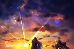Rule 34 | 1boy, 1girl, backlighting, bad id, bad pixiv id, cloud, evening, from behind, inuyasha, outstretched arms, pixiv id, rin (inuyasha), running, sesshoumaru, side ponytail, sky, spread arms, sun, sunlight, sunset, tougetsu sou, twilight