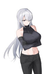 Rule 34 | 1girl, absurdres, ak-15 (girls&#039; frontline), bare shoulders, black gloves, black pants, black shirt, breasts, chihuri, closed mouth, commentary request, crop top, crossed arms, elbow gloves, girls&#039; frontline, gloves, hair over one eye, highres, large breasts, long hair, midriff, navel, pants, purple eyes, shirt, sidelocks, silver hair, simple background, sleeveless, sleeveless shirt, solo, very long hair, white background