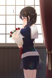 Rule 34 | 1girl, ahoge, blush, bouquet, braid, brown hair, closed eyes, commentary request, cowboy shot, curtains, flower, from side, hair ornament, hairpin, highres, holding, holding bouquet, indoors, kantai collection, naoto (tulip), pleated skirt, profile, red flower, red rose, rose, school uniform, serafuku, shigure (kancolle), shirt, short sleeves, single braid, skirt, smile, solo, standing, window