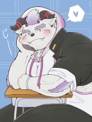 Rule 34 | 1boy, bara, character request, chumuta, cowboy shot, desk, fang, fang out, fat, fat man, furry, furry male, heart, highres, horns, looking at viewer, male focus, school desk, short hair, solo, spoken heart, tokyo houkago summoners, white fur