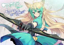 Rule 34 | &gt;:(, 1girl, ahoge, animal ears, atalanta (fate), blonde hair, blush, bow (weapon), cat ears, closed mouth, cowboy shot, dress, fate/apocrypha, fate (series), foreshortening, from side, frown, gauntlets, green dress, green eyes, green hair, holding, holding bow (weapon), holding weapon, koikawa minoru, long hair, looking at viewer, looking to the side, multicolored hair, solo, translation request, two-tone hair, v-shaped eyebrows, very long hair, weapon