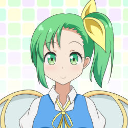 Rule 34 | 1girl, blue vest, c:, cato (monocatienus), commentary, daiyousei, fairy wings, forehead, green eyes, green hair, hair ribbon, looking at viewer, neck ribbon, portrait, puffy sleeves, ribbon, shirt, short hair, side ponytail, simple background, smile, solo, touhou, vest, white shirt, wing collar, wings, yellow ribbon