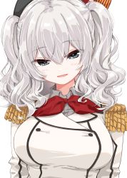 Rule 34 | 1girl, absurdres, blue eyes, breasts, buttons, epaulettes, grey hair, highres, jacket, kantai collection, kashima (kancolle), large breasts, long sleeves, looking at viewer, matsuda hikari, military, military jacket, military uniform, neckerchief, red neckerchief, sidelocks, simple background, solo, tsurime, twintails, uniform, upper body, wavy hair, white background, white jacket