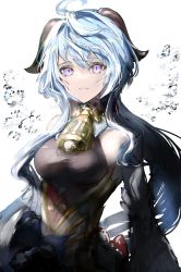 Rule 34 | 1girl, ahoge, bell, black bodysuit, blue hair, bodysuit, closed mouth, commentary, cowbell, detached sleeves, ganyu (genshin impact), gawako, genshin impact, highres, horns, light smile, long hair, looking at viewer, neck bell, purple eyes, simple background, solo, upper body, water, white background