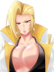 Rule 34 | 1girl, bad id, bad pixiv id, blonde hair, breasts, charlemagne, charlemagne (monsuno), cleavage, earrings, huge breasts, jewelry, large breasts, lipstick, makeup, monsuno, open mouth, saogokushi, short hair, simple background, solo, white background, yellow eyes