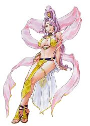 Rule 34 | 1girl, armlet, breasts, bridal gauntlets, circlet, cleavage, earrings, feet, full body, gensou suikoden, gensou suikoden v, green eyes, hair ornament, hand on own hip, high heels, high ponytail, invisible chair, jeane (suikoden), jewelry, large breasts, legs, lips, lipstick, loincloth, long hair, long legs, makeup, midriff, mikisato, navel, necklace, non-web source, official art, open mouth, ponytail, purple hair, revealing clothes, sandals, see-through, shawl, shoes, simple background, sitting, solo, thigh strap, thighs, toes, very long hair, wavy hair, white background