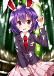 Rule 34 | 1girl, alternate eye color, alternate hair length, alternate hairstyle, animal ears, bamboo, bamboo forest, black jacket, blurry, blurry background, blush, breasts, buttons, collared jacket, collared shirt, commentary request, crescent, crescent pin, forest, hair between eyes, hand up, highres, jacket, long sleeves, looking to the side, medium breasts, nature, necktie, one-hour drawing challenge, open mouth, outdoors, pink eyes, pink skirt, pocket, purple hair, rabbit ears, rabbit tail, red necktie, reisen udongein inaba, ruu (tksymkw), shirt, short hair, skirt, smile, solo, standing, sunlight, sweat, sweatdrop, tail, tongue, touhou, white shirt