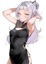Rule 34 | 1girl, :p, absurdres, alternate costume, arched bangs, armpits, arms up, black dress, blunt bangs, blush, breasts, brooch, cleavage cutout, clothing cutout, commentary, covered navel, dress, grey hair, hair bun, hair ornament, hairband, highres, hololive, jewelry, long hair, looking at viewer, murasaki shion, pepq, reference inset, see-through, side-tie dress, small breasts, solo, star brooch, symbol-only commentary, tongue, tongue out, transparent background, virtual youtuber, yellow eyes