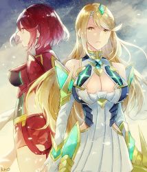 Rule 34 | 2girls, armor, artist request, bad id, bad twitter id, blonde hair, breasts, cleavage, dress, dual persona, female focus, fingerless gloves, gloves, jewelry, large breasts, long hair, looking at viewer, matching hair/eyes, multiple girls, mythra (xenoblade), nintendo, pyra (xenoblade), red hair, short hair, sidelocks, tiara, xenoblade chronicles (series), xenoblade chronicles 2, yellow eyes