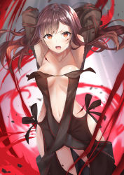 Rule 34 | 1girl, absurdres, black choker, black dress, black jacket, blush, breasts, brown hair, center opening, choker, collarbone, dress, fangs, fate/grand order, fate (series), fur-trimmed jacket, fur trim, highres, jacket, long hair, long sleeves, looking at viewer, medium breasts, navel, open mouth, red eyes, revealing clothes, ribbon-trimmed dress, solo, strapless, strapless dress, thighs, yu mei-ren (fate), yufou