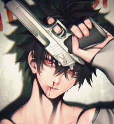 Rule 34 | 1boy, arm up, bare shoulders, black hair, bleeding, blood, blood on face, bruise, bruise on face, cropped, facial tattoo, fingernails, gun, hair between eyes, handgun, highres, holding, holding gun, holding weapon, injury, looking at viewer, male focus, nosebleed, original, parted lips, red eyes, scar, scratches, shoulder tattoo, sleeves past wrists, smeared blood, solo, tattoo, weapon, yokaze (xxxdisxxx)