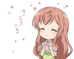 Rule 34 | 1girl, ^ ^, bad id, bad twitter id, blush, breasts, brown hair, buttons, chibi, closed eyes, closed mouth, collared shirt, commentary request, cup, facing viewer, flower, gochuumon wa usagi desu ka?, green skirt, green vest, holding, hot chocolate, hoto mocha, long hair, mug, red star (toranecomet), shirt, short sleeves, sidelocks, skirt, skirt set, smile, solo, translation request, upper body, vest, white background, white shirt, wing collar