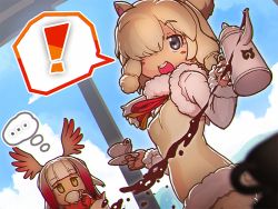 Rule 34 | !, ..., 10s, 1g no izumi, 2girls, :d, alpaca ears, alpaca suri (kemono friends), animal ears, blonde hair, blue eyes, blue sky, blunt bangs, blush stickers, cloud, commentary request, cup, day, dutch angle, fur collar, fur trim, gloves, hair over one eye, head wings, holding, holding cup, japanese crested ibis (kemono friends), japari symbol, kemono friends, long hair, long sleeves, looking at viewer, multicolored hair, multiple girls, open mouth, red hair, saucer, shirt, short hair, sky, smile, sparkling eyes, spoken exclamation mark, standing, tail, teacup, teapot, thought bubble, two-tone hair, upper body, white hair, wings, yellow eyes
