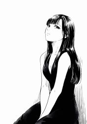 Rule 34 | 1girl, bad id, bad pixiv id, bare arms, bare shoulders, between legs, black dress, blunt bangs, breasts, cleavage, closed mouth, collarbone, commentary request, dress, eyelashes, greyscale, half-closed eyes, hand between legs, highres, long dress, long hair, looking at viewer, medium breasts, monochrome, nikaidou kou, original, sidelocks, simple background, sitting, sleeveless, sleeveless dress, small breasts, solo, white background