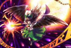 Rule 34 | 1girl, absurdres, arm cannon, black footwear, black hair, black socks, black wings, bow, brown eyes, cape, caution tape, closed mouth, collared shirt, feathered wings, frilled shirt, frilled shirt collar, frilled skirt, frills, full body, green bow, green skirt, hair bow, highres, kneehighs, long hair, manosuke, puffy short sleeves, puffy sleeves, radiation symbol, reiuji utsuho, shirt, shoes, short sleeves, skirt, socks, solo, third eye on chest, touhou, weapon, white cape, white shirt, wings