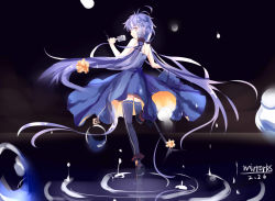 Rule 34 | 1girl, absurdres, bad id, bad pixiv id, blue dress, blue eyes, blue thighhighs, dated, dress, hair ornament, highres, holding, holding microphone, long hair, looking at viewer, microphone, mirrorks, orange eyes, purple hair, signature, smile, solo, thighhighs, twintails, vocaloid, xingchen