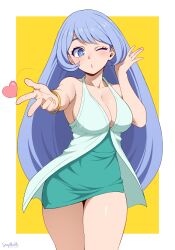 1girl absurdres artist_name blue_eyes blue_hair boku_no_hero_academia breasts cleavage commission dress green_dress hado_nejire hand_up heart highres large_breasts long_hair official_alternate_costume one_eye_closed outstretched_arm pixiv_commission puckered_lips short_dress solo stayaliveplz two-tone_background white_background yellow_background