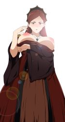 Rule 34 | 1girl, absurdres, breasts, breasts out, clothes pull, dress, dress pull, highres, hilda boreas greyrat, jewelry, large breasts, long hair, looking down, mature female, mushoku tensei, necklace, nipples, red dress, red hair, simple background, solo, standing, white background
