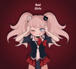 Rule 34 | 1girl, bear hair ornament, black necktie, black shirt, bow, collarbone, cowboy shot, danganronpa: trigger happy havoc, danganronpa (series), enoshima junko, gamhwa, gradient background, hair ornament, hands up, looking at viewer, nail polish, necktie, one eye closed, pleated skirt, red bow, red nails, red skirt, shirt, skirt, solo, tongue, tongue out, twintails, white necktie