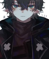 Rule 34 | 1boy, absurdres, arknights, bishounen, black hair, black shirt, coat, faust (arknights), green eyes, highres, kanji, male focus, pointy ears, shirt, short hair, simple background, solo, spots, upper body, user vgmn7242, white background
