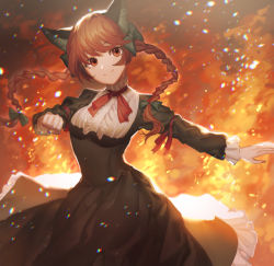 Rule 34 | 1girl, adapted costume, animal ears, black dress, bow, braid, cat ears, chromatic aberration, clenched hand, closed mouth, commentary request, dress, fiery background, fire, frilled dress, frilled sleeves, frills, green bow, hair bow, head tilt, kaenbyou rin, long hair, long sleeves, looking at viewer, motsuba, outstretched arm, red eyes, red hair, red neckwear, smile, solo, touhou, twin braids