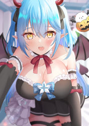 Rule 34 | 1girl, absurdres, arm scrunchie, blue hair, blush, bow, bowtie, breasts, daifuku (yukihana lamy), demon girl, demon horns, demon tail, demon wings, dress, elbow gloves, elf, fang, gloves, hair between eyes, hair ornament, hair ribbon, heart, heart tail, highres, hololive, horns, large breasts, long hair, looking at viewer, onabe no shime, open mouth, pointy ears, red bow, ribbon, solo, tail, teeth, virtual youtuber, wings, yellow eyes, yukihana lamy