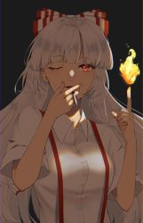 Rule 34 | 1girl, black background, blunt bangs, bow, breasts, cigarette, collared shirt, fire, fujiwara no mokou, hair bow, highres, holding, holding cigarette, long hair, looking at viewer, medium breasts, one eye closed, parted lips, pyrokinesis, red bow, red eyes, shirt, short sleeves, simple background, smoking, solo, suspenders, touhou, two-tone bow, umeko 81, upper body, very long hair, white bow, white hair, white shirt