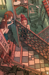 Rule 34 | 2girls, ashtray, black tank top, brown hair, building, commentary request, denim, from above, hair bun, highres, holding, inukoko, jeans, lamppost, looking at another, multiple girls, open door, open mouth, original, outdoors, pants, pink eyes, plant, potted plant, railing, red footwear, red hair, red shirt, shirt, short sleeves, side ponytail, sign, single hair bun, stairs, statue, tank top, window