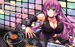 Rule 34 | 1girl, bare shoulders, blue eyes, blush, breasts, choker, cleavage, commentary request, dj, female focus, headphones, highres, large breasts, long hair, looking at viewer, megurine luka, misakana, nail polish, phonograph, pink hair, smile, solo, turntable, very long hair, vocaloid