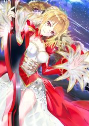 Rule 34 | 119, 1girl, blonde hair, braid, braided bun, breasts, cleavage, corset, epaulettes, fate/grand order, fate (series), hair bun, highres, lion, looking at viewer, nero claudius (fate), nero claudius (fate) (all), nero claudius (fate/extra), red eyes, see-through, smile, solo, space, sword, weapon