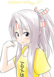 Rule 34 | 1girl, alternate costume, brown eyes, clothes writing, dated, grey hair, hachimaki, headband, high ponytail, kantai collection, long hair, one-hour drawing challenge, pointing, pointing at self, ray.s, shirt, shitty t-shirt naval base, simple background, solo, t-shirt, twitter username, white background, yellow shirt, zuihou (kancolle)