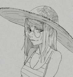 Rule 34 | bare shoulders, breasts, cleavage, gigawix, glasses, graphite (medium), hat, light smile, lineart, long hair, looking at viewer, monochrome, original, round eyewear, sideways glance, sketch, solo, straw hat, striped tank top, sun hat, tank top, traditional media, upper body