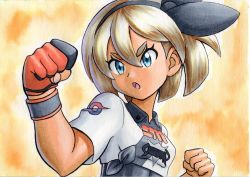 Rule 34 | 1girl, bea (pokemon), black bodysuit, black hairband, blonde hair, blue eyes, bodysuit, bodysuit under clothes, bow hairband, breasts, collared shirt, commentary request, creatures (company), dark-skinned female, dark skin, eyelashes, fighting stance, game freak, gloves, hair between eyes, hairband, hands up, highres, looking to the side, nintendo, oka mochi, open mouth, orange background, partially fingerless gloves, pokemon, pokemon swsh, print shirt, shirt, short hair, short sleeves, single glove, solo, tongue, upper body, wristband