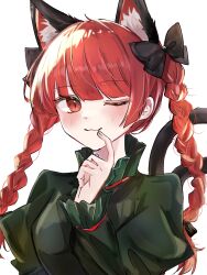 Rule 34 | 1girl, animal ear fluff, animal ears, black bow, blush, bow, braid, cat ears, cat tail, dress, extra ears, finger to mouth, green dress, highres, kaenbyou rin, multiple tails, one eye closed, portrait, red eyes, red hair, rieru 12, simple background, slit pupils, solo, tail, touhou, twin braids, two tails, white background