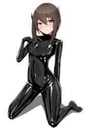 Rule 34 | 1girl, absurdres, black bodysuit, bodysuit, brown eyes, brown hair, flat chest, full body, headband, highres, hiuyec, kantai collection, kneeling, latex, latex bodysuit, looking at viewer, medium hair, shiny clothes, skin tight, smile, solo, taihou (kancolle), white background