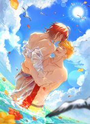 2boys beach blonde_hair closed_eyes closed_mouth cloud couple day granblue_fantasy highres looking_at_another male_focus male_swimwear multiple_boys official_alternate_costume open_mouth outdoors percival_(granblue_fantasy) percival_(summer)_(granblue_fantasy) red_hair red_male_swimwear shadow_skg shirt short_hair sky vane_(granblue_fantasy) vane_(summer)_(granblue_fantasy) water wet wet_hair white_shirt yaoi yellow_male_swimwear