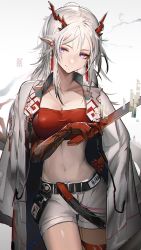 Rule 34 | 1girl, absurdres, arknights, belt, breasts, cleavage, closed mouth, coat, coat on shoulders, collarbone, colored skin, cowboy shot, dragon horns, earrings, eyeshadow, hand on own hip, highres, hiyaori (hiyahiyaval), holding, horns, jewelry, looking at viewer, makeup, medium breasts, multicolored hair, navel, nian (arknights), photoshop (medium), pointy ears, purple eyes, red hair, red skin, shorts, simple background, smile, solo, stomach, strapless, streaked hair, thigh gap, tube top, two-tone hair, white background, white coat, white hair, white shorts