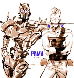 Rule 34 | armor, blue eyes, commentary, cowboy shot, crossed arms, earrings, full armor, hand on own hip, holding, holding sword, holding weapon, jean pierre polnareff, jewelry, jojo no kimyou na bouken, kotteri, looking at viewer, pants, silver chariot, simple background, stand (jojo), stardust crusaders, sword, weapon