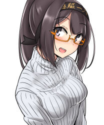 Rule 34 | 1girl, :d, absurdres, akizuki (kancolle), alternate costume, black hair, blue eyes, blush, breasts, commentary, glasses, glasses day, hachimaki, hair ornament, hairband, headband, highres, kantai collection, kiritto, long hair, looking at viewer, medium breasts, open mouth, orange-framed eyewear, ponytail, ribbed sweater, semi-rimless eyewear, sidelocks, simple background, smile, solo, sweater, turtleneck, turtleneck sweater, upper body, white background