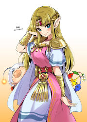 1boy, 1girl, alien, antennae, armor, arms, artist name, ass, astronaut, bangs, belt, belted dress, blonde hair, blue eyes, blush, bracelet, brown hair, cape, collarbone, diadem, dress, earrings, eyes closed, female focus, fingernails, flower, flower on head, gloves, gold belt, gradient, gradient background, hand on own ass, hand on own cheek, hand on own face, hands, happy, height difference, highres, jewelry, leaf, leaf on head, long dress, long hair, looking at viewer, lots of jewelry, neck, necklace, nintendo, olimar, pikmin (creature), pikmin (series), pointy ears, pose, princess zelda, print dress, red gloves, short-sleeved dress, short sleeves, shoulder armor, simple background, size difference, smile, space helmet, spacesuit, standing, the legend of zelda, the legend of zelda: a link between worlds, tiara, triforce, triforce earrings, tunic, white cape, white dress, white tunic