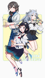 Rule 34 | 3girls, ahoge, alternate costume, black footwear, black hair, blush, bottle, breasts, cup, drinking straw, grey eyes, hair between eyes, hair flaps, hair ornament, hair over shoulder, hairband, hairclip, headgear, holding, holding bottle, holding cup, i-203 (kancolle), jacket, jingei (kancolle), kantai collection, large breasts, long hair, long sleeves, low twintails, medium breasts, midriff, multiple girls, navel, official alternate costume, open mouth, parted lips, pink eyes, red eyes, sandals, sarong, shimin, short sleeves, silver hair, simple background, skirt, smile, taigei (kancolle), twintails