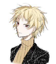 Rule 34 | 1boy, atou haruki, black jacket, blonde hair, brown sweater, chaokuailedahuanxiang, chinese commentary, commentary request, jacket, male focus, open clothes, open jacket, red eyes, ribbed sweater, saibou shinkyoku, short hair, simple background, smile, solo, sweater, turtleneck, turtleneck sweater, white background