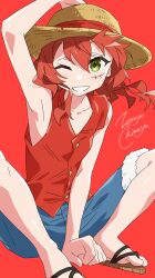 Rule 34 | 1girl, absurdres, armpits, artist name, blue shorts, bocchi the rock!, brown hat, cosplay, facial scar, green eyes, hat, highres, kita ikuyo, looking at viewer, monkey d. luffy, monkey d. luffy (cosplay), one eye closed, one piece, red background, red hair, scar, scar on cheek, scar on face, shorts, smile, solo, straw hat, zetsuyo chimayo