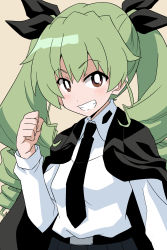 Rule 34 | 1girl, absurdres, anchovy (girls und panzer), anzio school uniform, belt, black belt, black cape, black necktie, black ribbon, black skirt, bright pupils, brown eyes, cape, clenched hand, commentary, dress shirt, drill hair, emblem, girls und panzer, green hair, grey background, grin, hair ribbon, highres, long hair, long sleeves, looking at viewer, necktie, ponzu rui, ribbon, school uniform, shirt, simple background, skirt, smile, solo, twin drills, twintails, upper body, white pupils, white shirt, wing collar